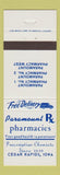 Matchbook Cover - Paramount Pharmacies Drug Cedar Rapids IA