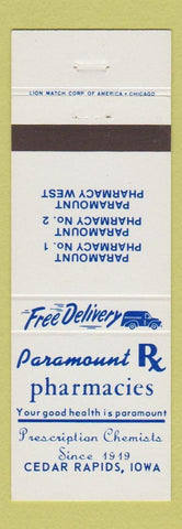Matchbook Cover - Paramount Pharmacies Drug Cedar Rapids IA