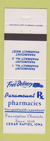Matchbook Cover - Paramount Pharmacies Drug Cedar Rapids IA