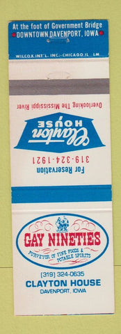 Matchbook Cover - Clayton House Gay Nineties Davenport IA