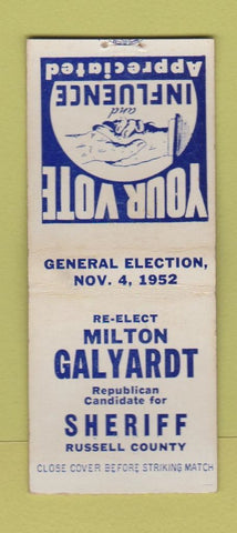 Matchbook Cover - Milton Galyardt Russell County Sheriff KS 1952 BOBTAIL #1
