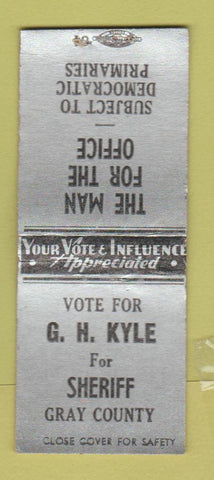 Matchbook Cover - GH Kyle Sheriff Election Gray County KS WEAR BOBTAIL