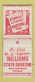 Matchbook Cover - WJ Lefty Williams State Senator KS? WEAR BOBTAIL