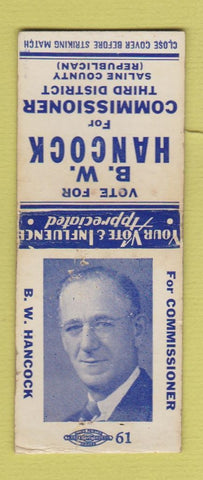Matchbook Cover - WB Hancock Commissioner Saline County KS Salina WEAR BOBTAIL