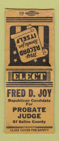 Matchbook Cover - Fred Joy Probate Judge Saline County KS WEAR BOBTAIL