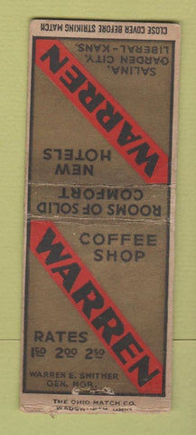 Matchbook Cover - Warren Hotels Salina McPherson Garden City Liberal KS BOBTAIL
