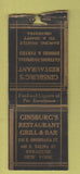 Matchbook Cover - Ginsburg's Restaurant Syracuse NY BOBTAIL