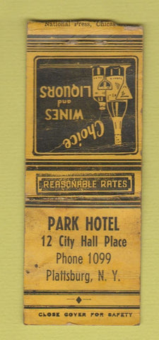 Matchbook Cover - Park Hotel Plattsburg NY WORN BOBTAIL