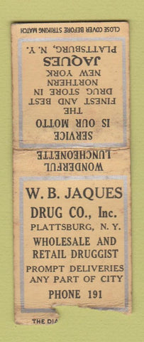 Matchbook Cover - Jacques Plattsburg NY WB Jaques Drug WORN BOBTAIL