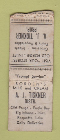 Matchbook Cover - AJ Tickner Old Forge Borden's Milk Ice Cream WORN BOBTAIL