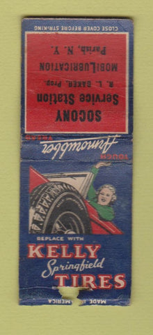 Matchbook Cover - Kelly Tires Socony oil gas Parish NY WORN BOBTAIL