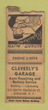 Matchbook Cover - Cleverly's Garage Syracuse NY WORN BOBTAIL
