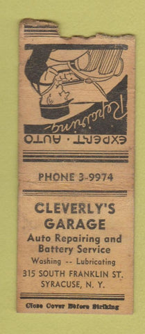 Matchbook Cover - Cleverly's Garage Syracuse NY WORN BOBTAIL