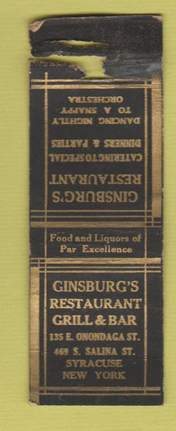 Matchbook Cover - Ginsburg's Restaurant Syracuse NY POOR STRIKER WEAR
