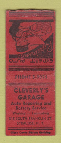 Matchbook Cover - Cleverly's Garage Syracuse NY WORN BOBTAIL