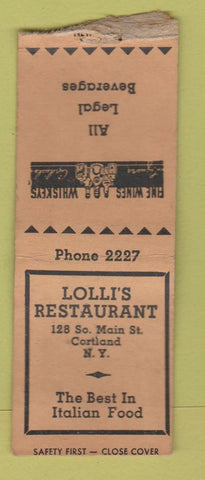 Matchbook Cover - Lolli's Restaurant Cortland NY WEAR BOBTAIL