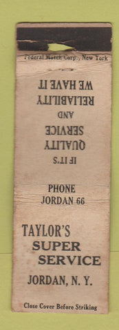 Matchbook Cover - Taylor's Super Service oil gas Jordan NY WORN BOBTAIL
