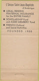 Matchbook Cover - L'Union Saint Jean Baptiste Catholic Woonsocket RI 30 Strike