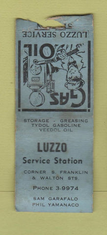 Matchbook Cover - Luzzo oil gas Tydol Veedol Syracuse NY POOR BOBTAIL