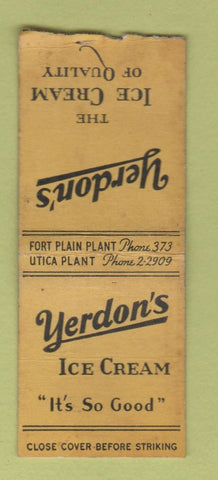 Matchbook Cover - Yerdon's Ice Cream Utica Fort Plain NY BOBTAIL