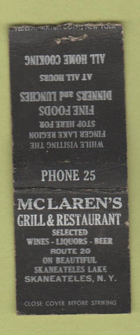 Matchbook Cover - Mclaren's Grill Restaurant Skaneateles NY WORN BOBTAIL
