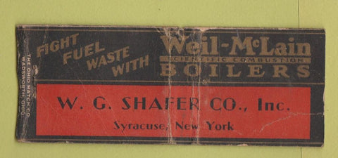Matchbook Cover - Weil McLain Boilers Syracuse NY Shafer WORN BOBTAIL