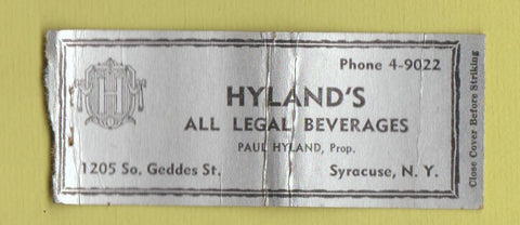 Matchbook Cover - Hyland's Syracuse NY BOBTAIL