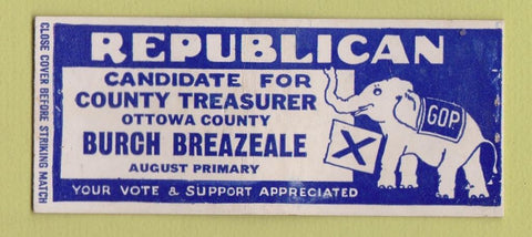 Matchbook Cover - Burch Breazeale Treasurer Ottawa County KS BOBTAIL