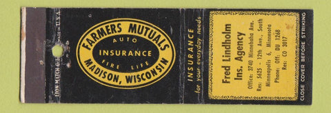 Matchbook Cover - Farmers Mutual Insurance Fred Lindholm Minneapolis MN WEAR