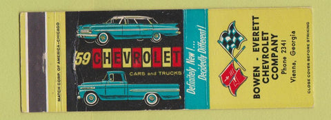 Matchbook Cover - 1959 Chevrolet Bowen Everett Vienna GA low phone # WEAR