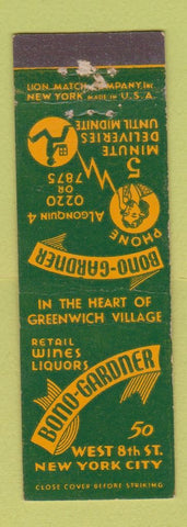Matchbook Cover - Bono Gardner New York City Liquor MIDGET