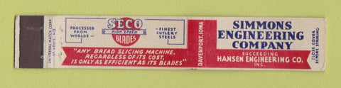 Matchbook Cover - Simmons Engineering Company Hansen Davenport IA 10 Strike