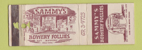Matchbook Cover - Sammy's Bowery Follies New York City POOR STRIKER