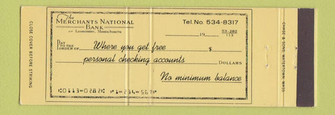 Matchbook Cover - Merchants National Bank Leominster MA Full Length