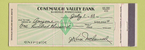 Matchbook Cover - Conemaugh Valley Bank Blairsville PA WEAR Full Length