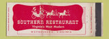 Matchbook Cover - Southern Restaurant Waynesboro VA WORN Full Length
