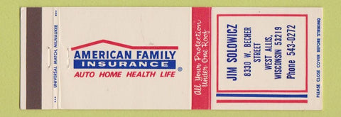 Matchbook Cover - American Family Insurance Jim Solowicz West Allis WI
