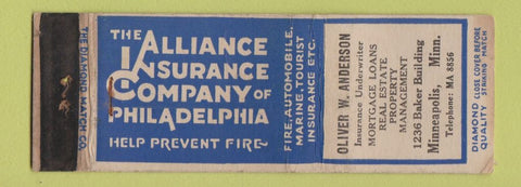 Matchbook Cover - Oliver Anderson Insurance Minneapolis MN DQ WORN