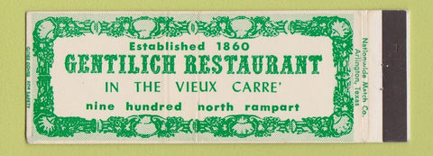 Matchbook Cover - Gentilich Restaurant New Orleans LA Full Length