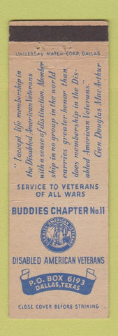 Matchbook Cover - Disables Veterans Buddies Chapter Dallas TX