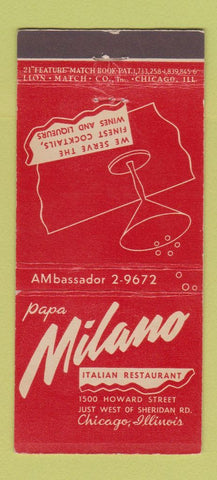 Matchbook Cover - Papa Milano Italian Restaurant Chicago IL 21 Strike Feature
