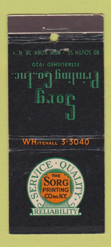 Matchbook Cover - Sorg Printing Company New York City 21 Strike Feature