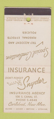 Matchbook Cover - Snyder Insurance Carlsbad NM 21 Strike Feature