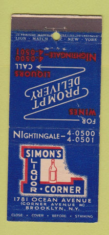 Matchbook Cover - Simon's Liquor Corner Brooklyn NY 21 Strike Feature