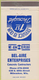 Matchbook Cover - Bel Aire Concrete Milwaukee WI 30 Strike