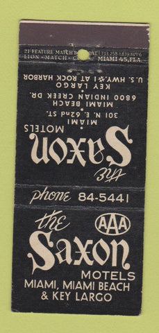 Matchbook Cover - Saxon Motels Miami Beach Key Largo FL 21 Strike Feature