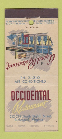 Matchbook Cover - Occidental Restaurant Richmond VA 21 Strike Feature
