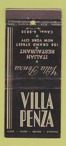 Matchbook Cover - Villa Penza Italian Restaurant New York City 21 Strike Feature