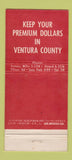 Matchbook Cover - Ventural County Insurance CA 1954 WORN 21 Strike Feature