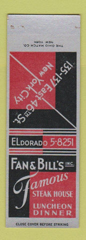 Matchbook Cover - Fan & Bill's Steak House New York City deco SAMPLE